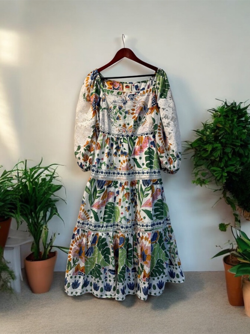Farm Rio Floral Lace Tiered Maxi Dress Puff Sleeves Size XS